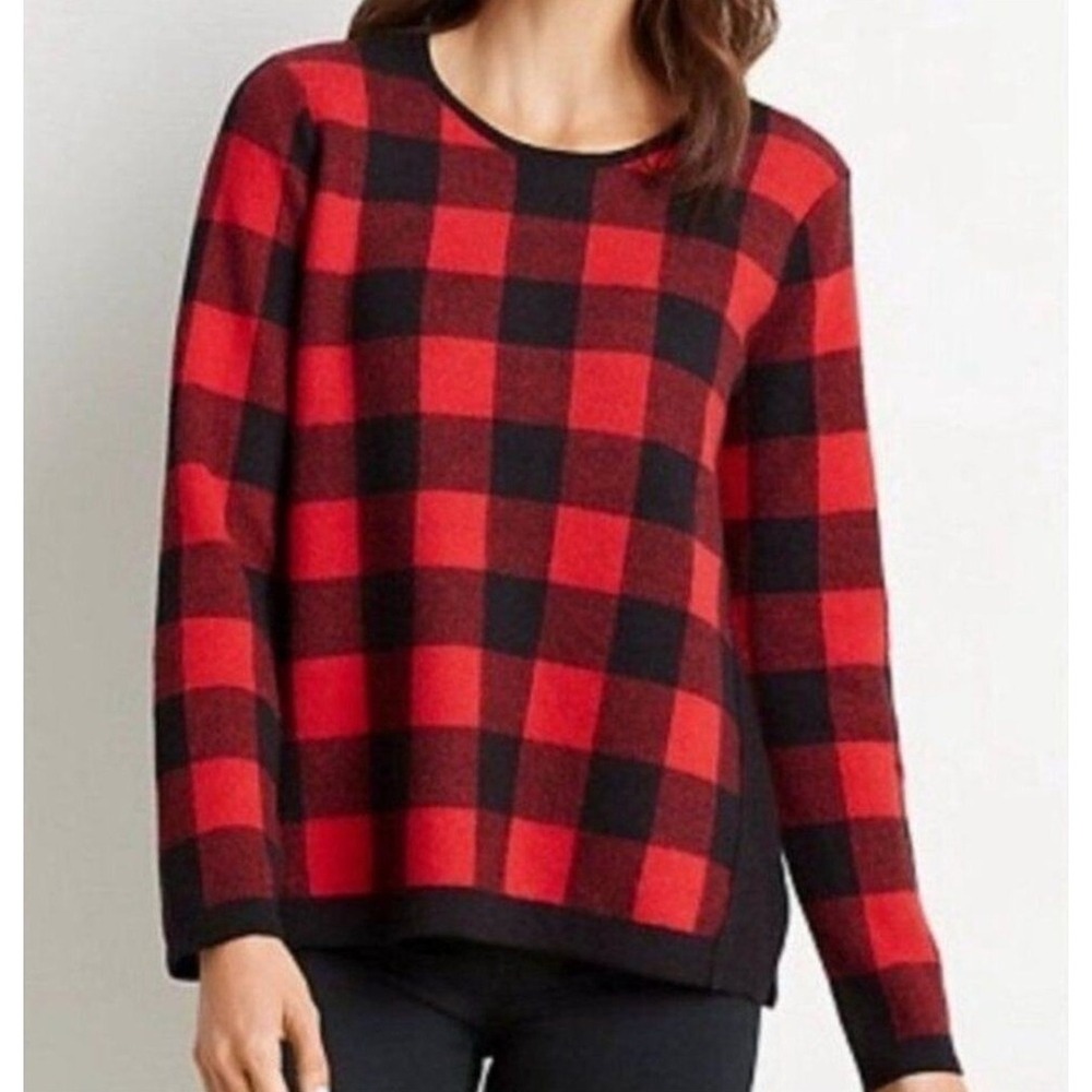 J Jill Red Black Buffalo Plaid Cotton Blend Long Sleeve‎ Pullover Top Sz Large